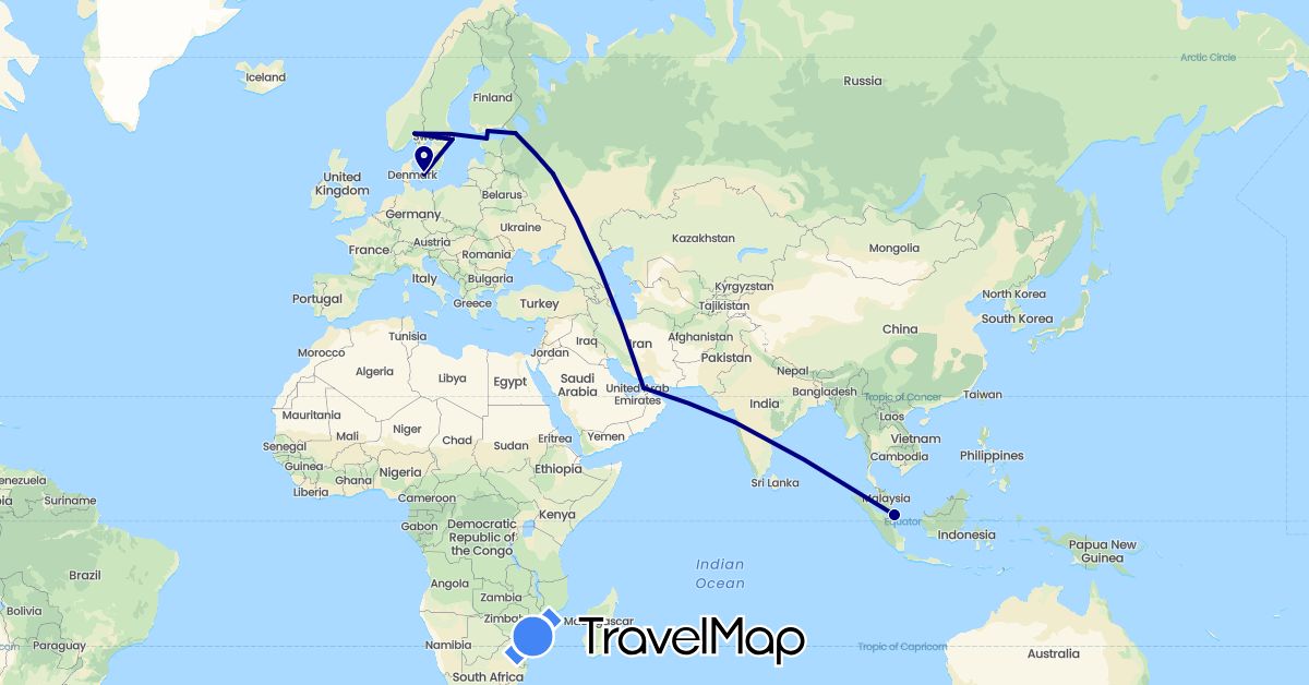 TravelMap itinerary: driving in United Arab Emirates, Denmark, Estonia, Finland, India, Norway, Russia, Sweden, Singapore (Asia, Europe)